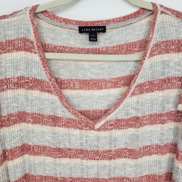 Lane‎ Bryant Striped Ribbed Knit Top 14 16 V Neck Ruched Long Sleeves Red Gray - Picture 6 of 7